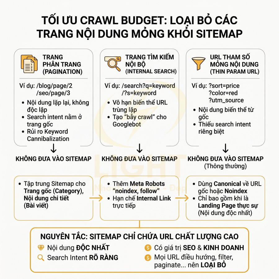 Infographic hướng dẫn tối ưu crawl budget bằng cách loại bỏ trang nội dung mỏng khỏi sitemap trong SEO