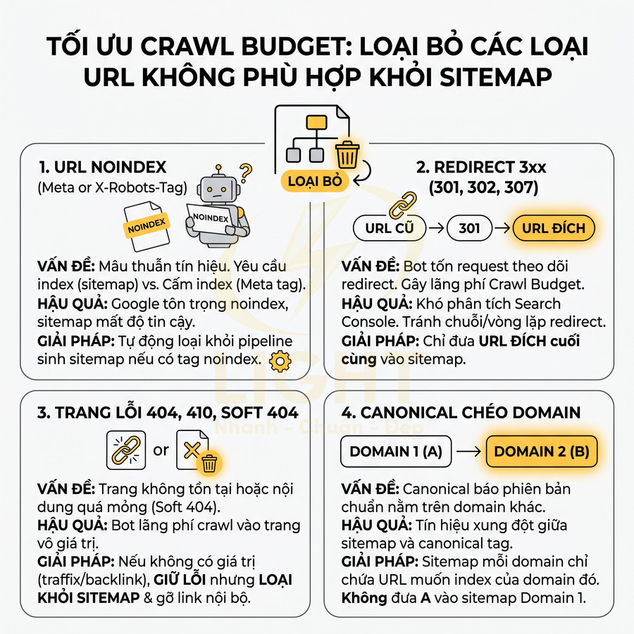Infographic tối ưu crawl budget bằng cách loại bỏ URL noindex, redirect 3xx, trang lỗi 404 và canonical chéo khỏi sitemap