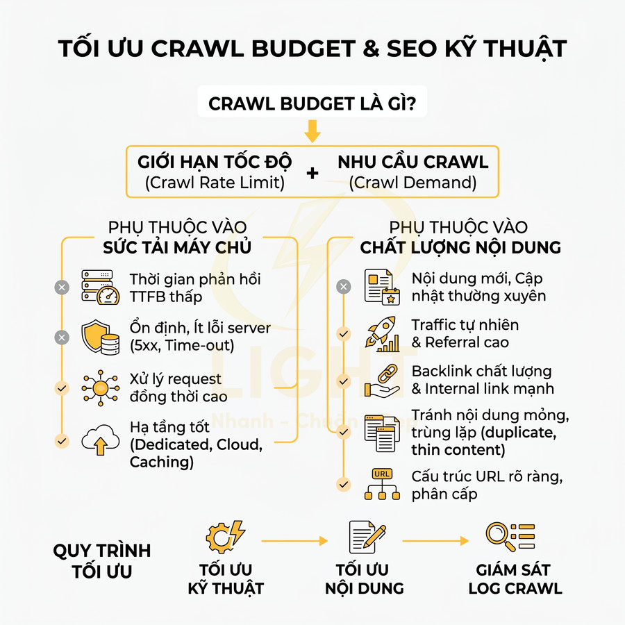 Infographic tối ưu crawl budget và SEO kỹ thuật, giải thích yếu tố máy chủ, chất lượng nội dung và quy trình tối ưu website