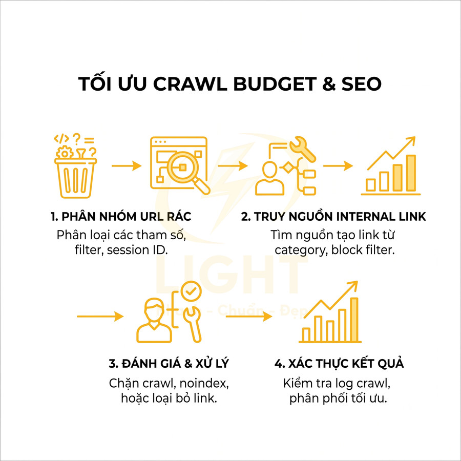 Quy trình tối ưu crawl budget và SEO với 4 bước phân nhóm URL rác, xử lý internal link và xác thực kết quả