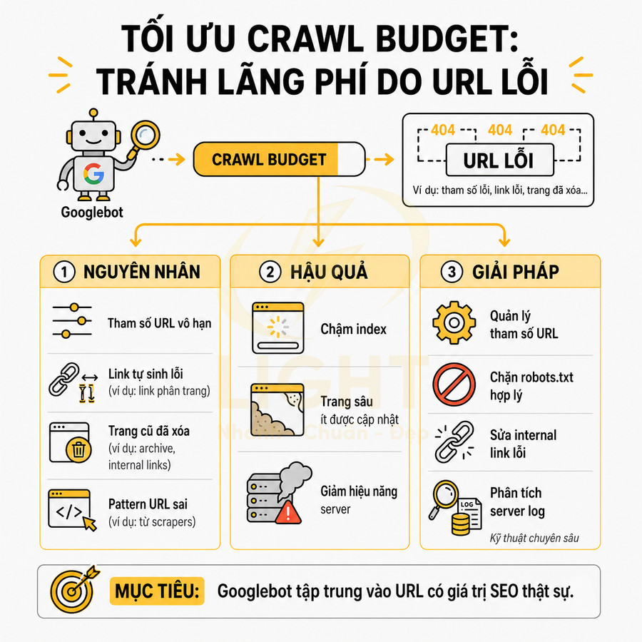Infographic tối ưu crawl budget tránh lãng phí do URL lỗi với nguyên nhân hậu quả và giải pháp SEO chi tiết