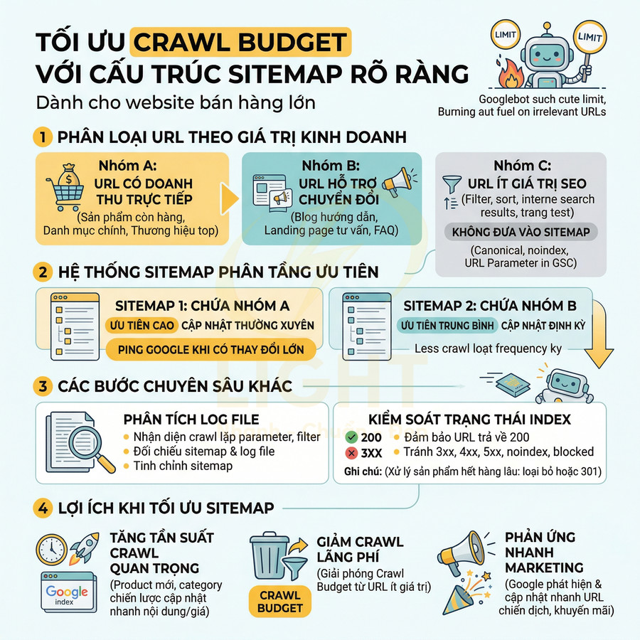 Infographic tối ưu crawl budget với cấu trúc sitemap rõ ràng cho website bán hàng lớn