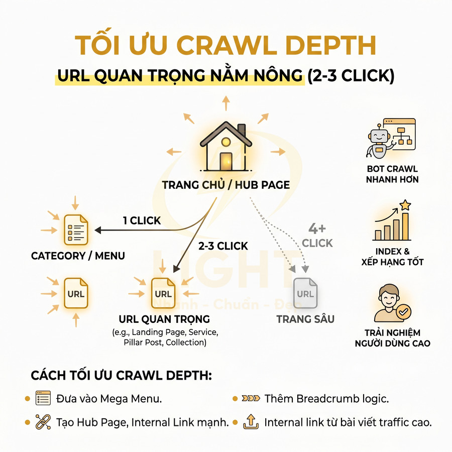 Mô hình tối ưu crawl depth SEO với trang chủ, category và URL quan trọng nằm trong 2 đến 3 lần nhấp