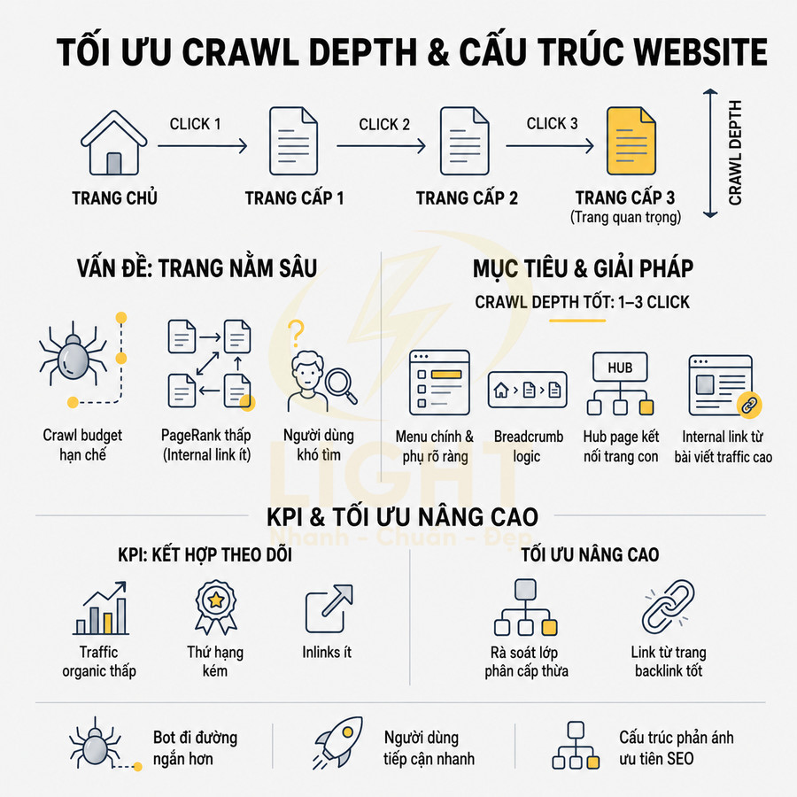 Infographic tối ưu crawl depth và cấu trúc website với vấn đề trang nằm sâu, KPI và giải pháp SEO chi tiết