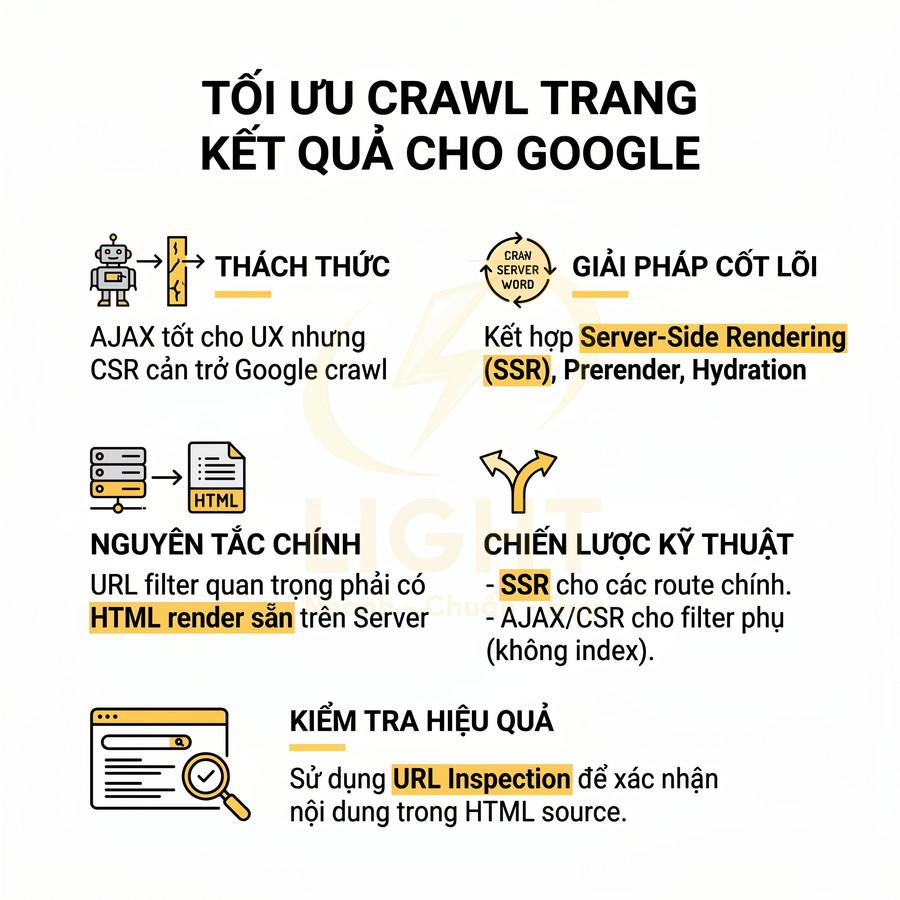 Infographic tối ưu crawl trang kết quả cho Google với SSR, prerender, nguyên tắc HTML render sẵn và kiểm tra bằng URL Inspection