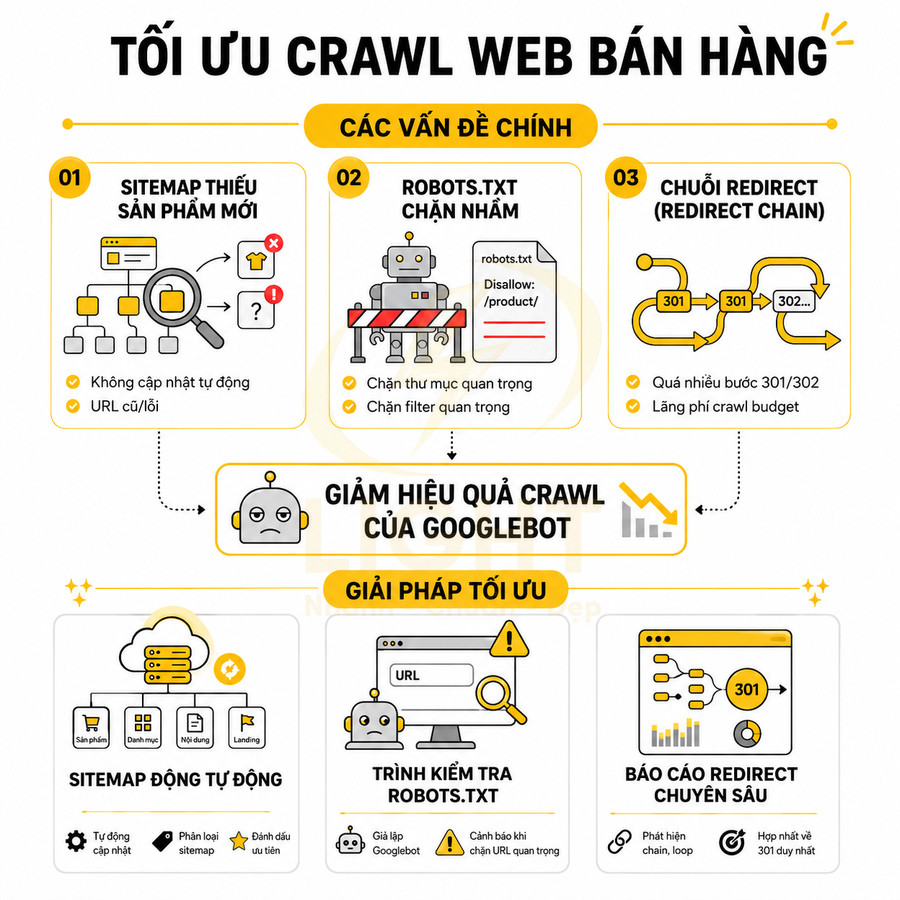Infographic tối ưu crawl web bán hàng với sitemap động, kiểm tra robots.txt và báo cáo redirect cho SEO