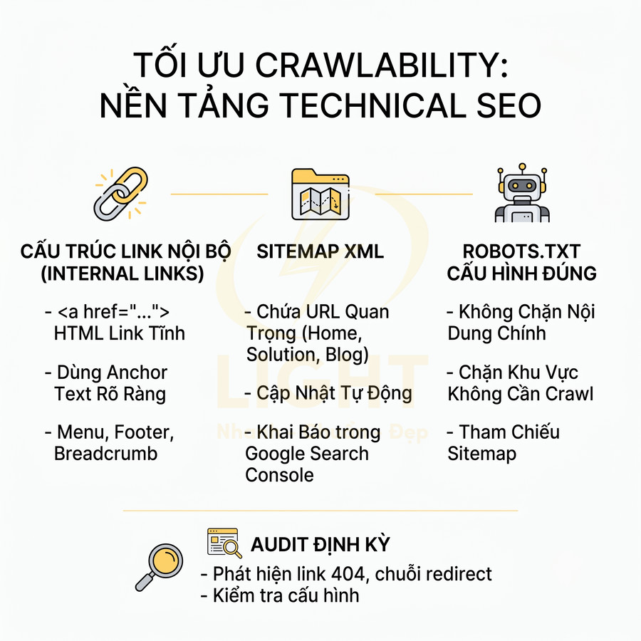 Checklist tối ưu crawlability trong technical SEO với internal links, sitemap XML, robots.txt và audit định kỳ