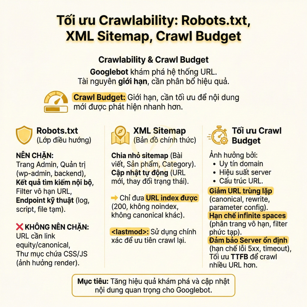 Infographic hướng dẫn tối ưu crawlability với robots.txt, XML sitemap và tối ưu crawl budget cho website SEO