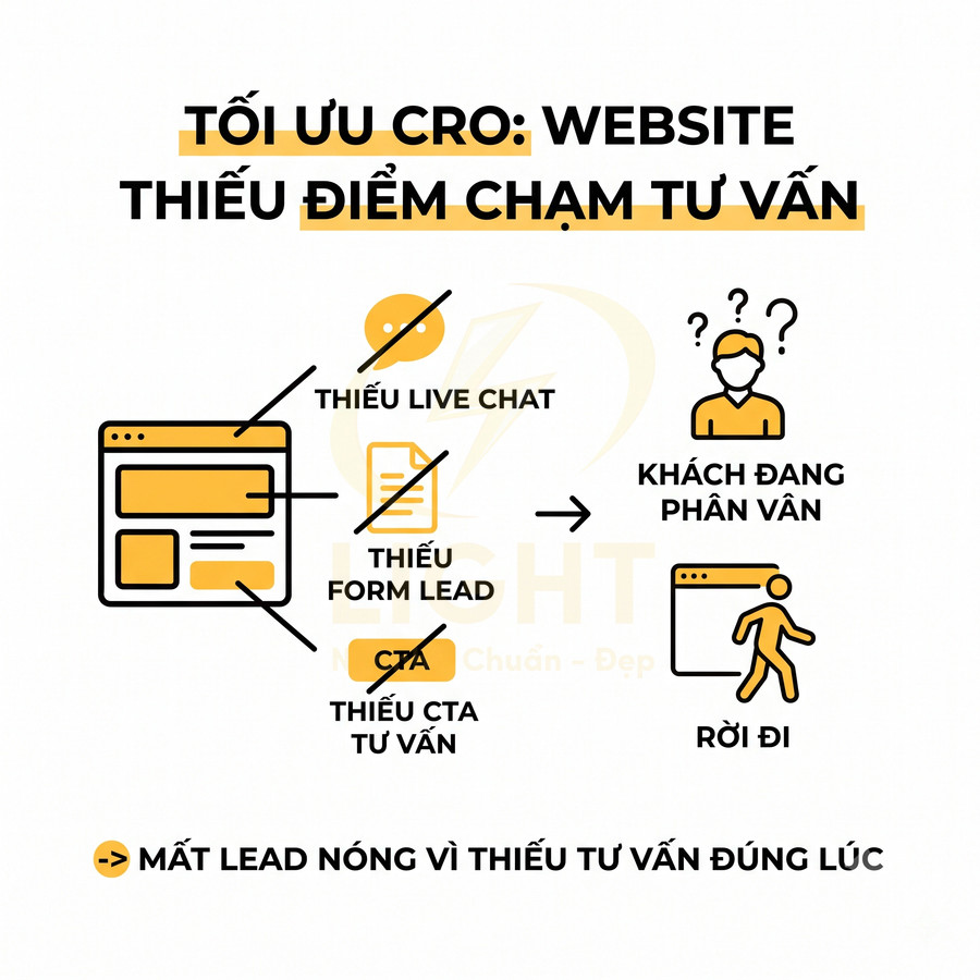 Minh họa tối ưu CRO cho website, cảnh báo mất lead vì thiếu live chat, form lead và CTA tư vấn đúng lúc