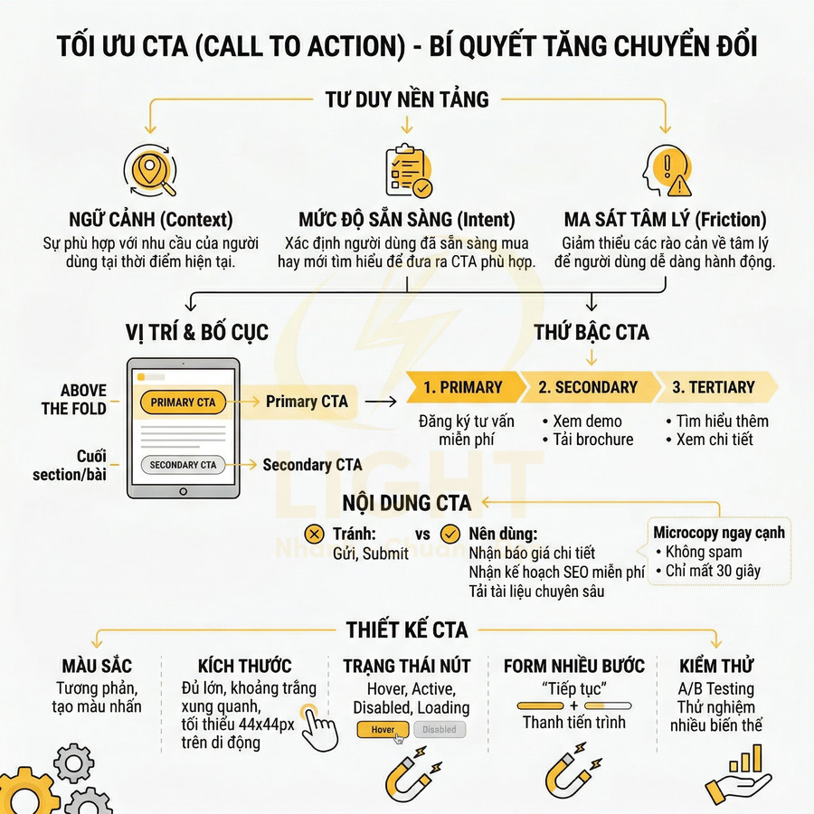 Infographic tối ưu CTA với hướng dẫn về vị trí, nội dung, thiết kế nút kêu gọi hành động để tăng chuyển đổi