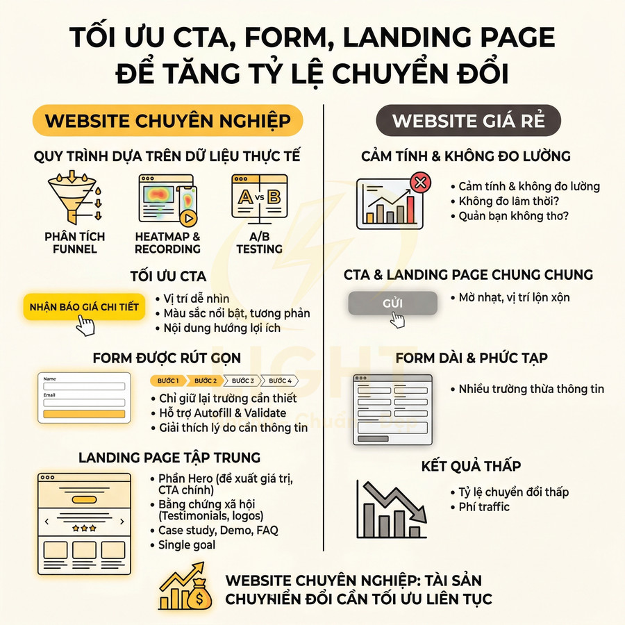 Infographic so sánh tối ưu CTA, form, landing page giữa website chuyên nghiệp và website giá rẻ để tăng tỷ lệ chuyển đổi
