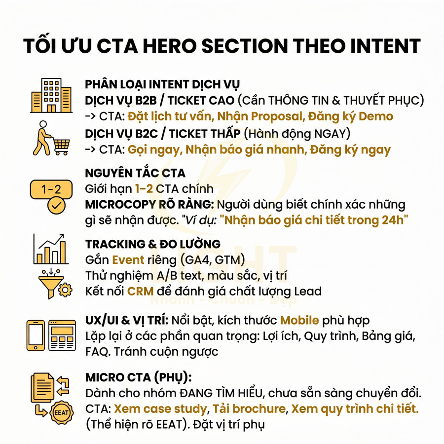 Checklist tối ưu CTA hero section theo intent cho dịch vụ B2B và B2C trong marketing website