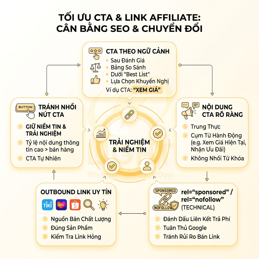 Infographic tối ưu CTA và link affiliate để cân bằng SEO, chuyển đổi và xây dựng trải nghiệm, niềm tin người dùng