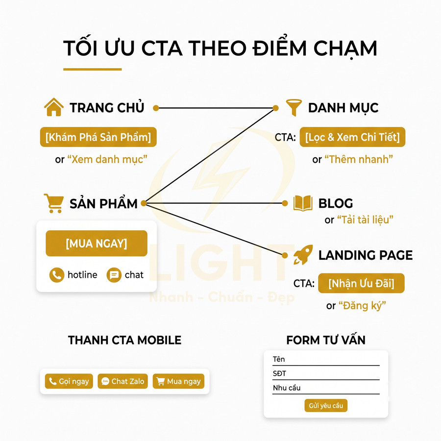 Sơ đồ tối ưu CTA theo điểm chạm với các nút mua ngay, nhận ưu đãi, gọi ngay và form tư vấn trên website