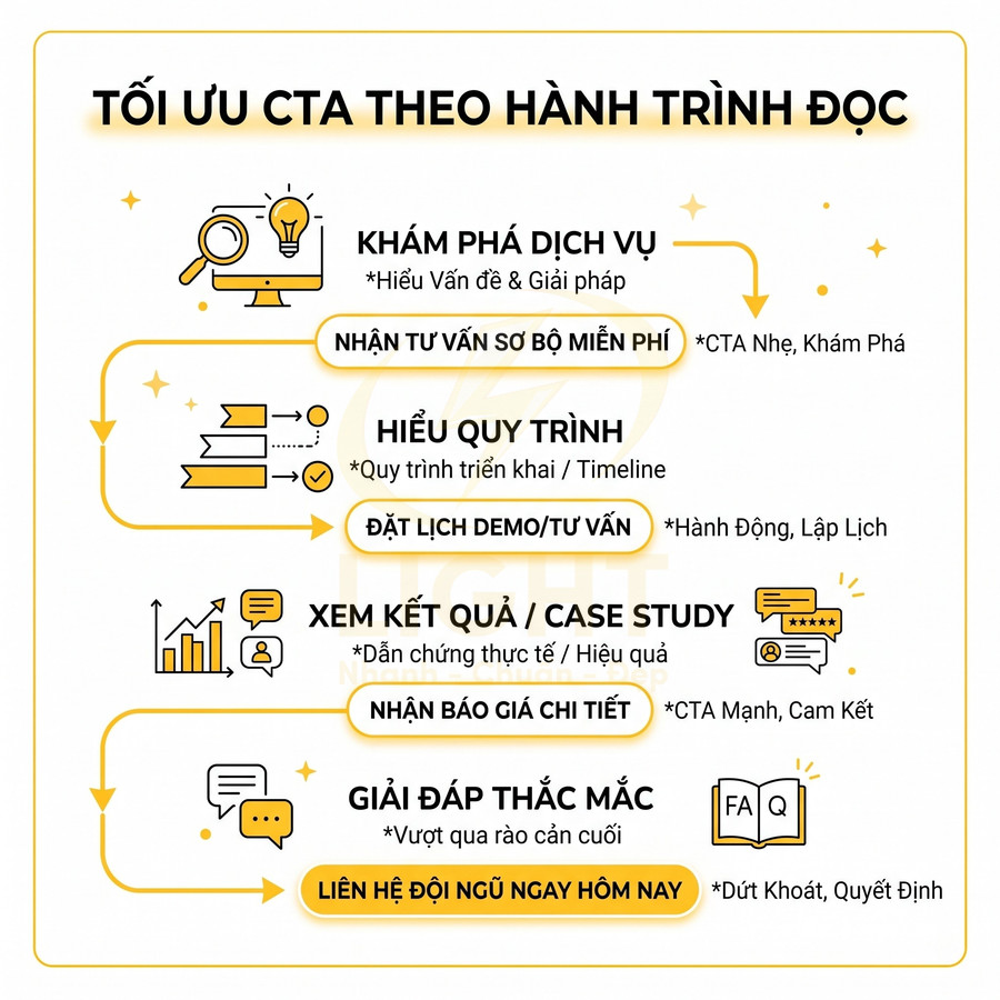 Quy trình tối ưu CTA theo hành trình đọc với các bước khám phá dịch vụ, hiểu quy trình, xem case study và liên hệ đội ngũ