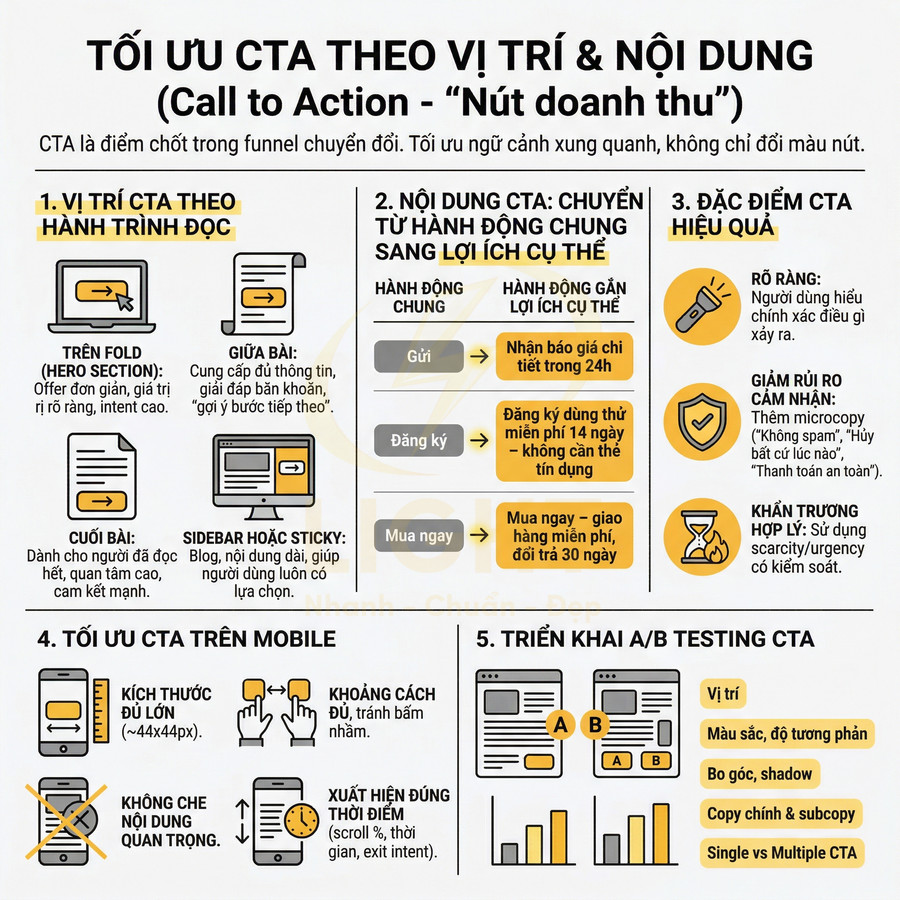Infographic tối ưu CTA theo vị trí và nội dung, hướng dẫn đặt nút kêu gọi hành động hiệu quả trên website và mobile