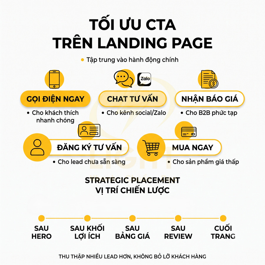 Hướng dẫn tối ưu CTA trên landing page với các nút gọi điện, chat tư vấn, nhận báo giá, đăng ký tư vấn, mua ngay