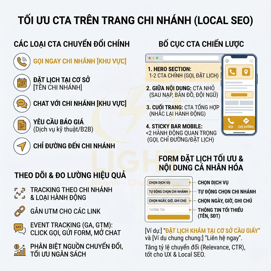 Hướng dẫn tối ưu CTA trên trang chi nhánh local SEO với ví dụ form đặt lịch và bố cục nút gọi chỉ đường