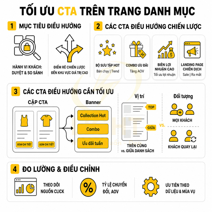 Infographic tối ưu CTA trên trang danh mục với mục tiêu điều hướng, CTA chiến lược và đo lường hiệu quả