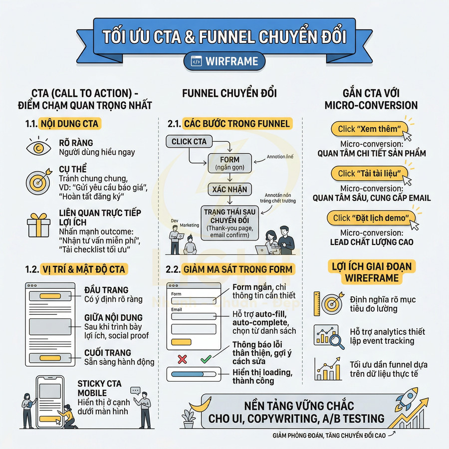 Infographic tối ưu CTA và funnel chuyển đổi với hướng dẫn nội dung CTA, vị trí đặt CTA, giảm ma sát form và gắn CTA với micro-conversion