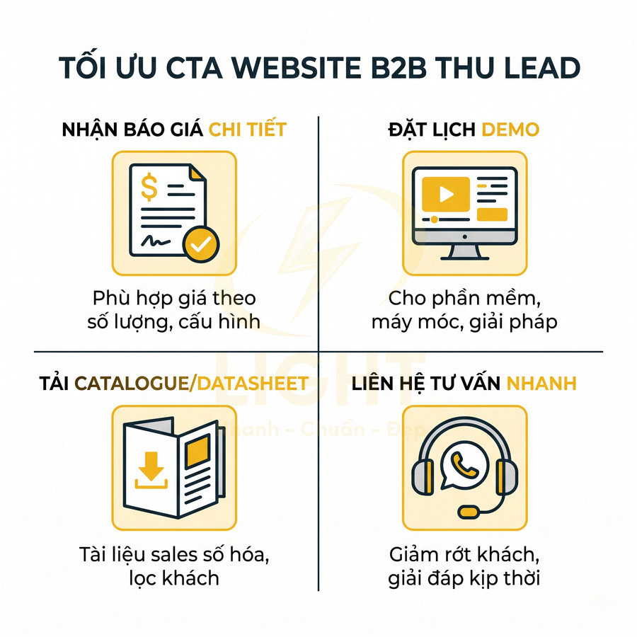 Hướng dẫn tối ưu CTA website B2B thu lead với nhận báo giá, đặt lịch demo, tải catalogue và liên hệ tư vấn