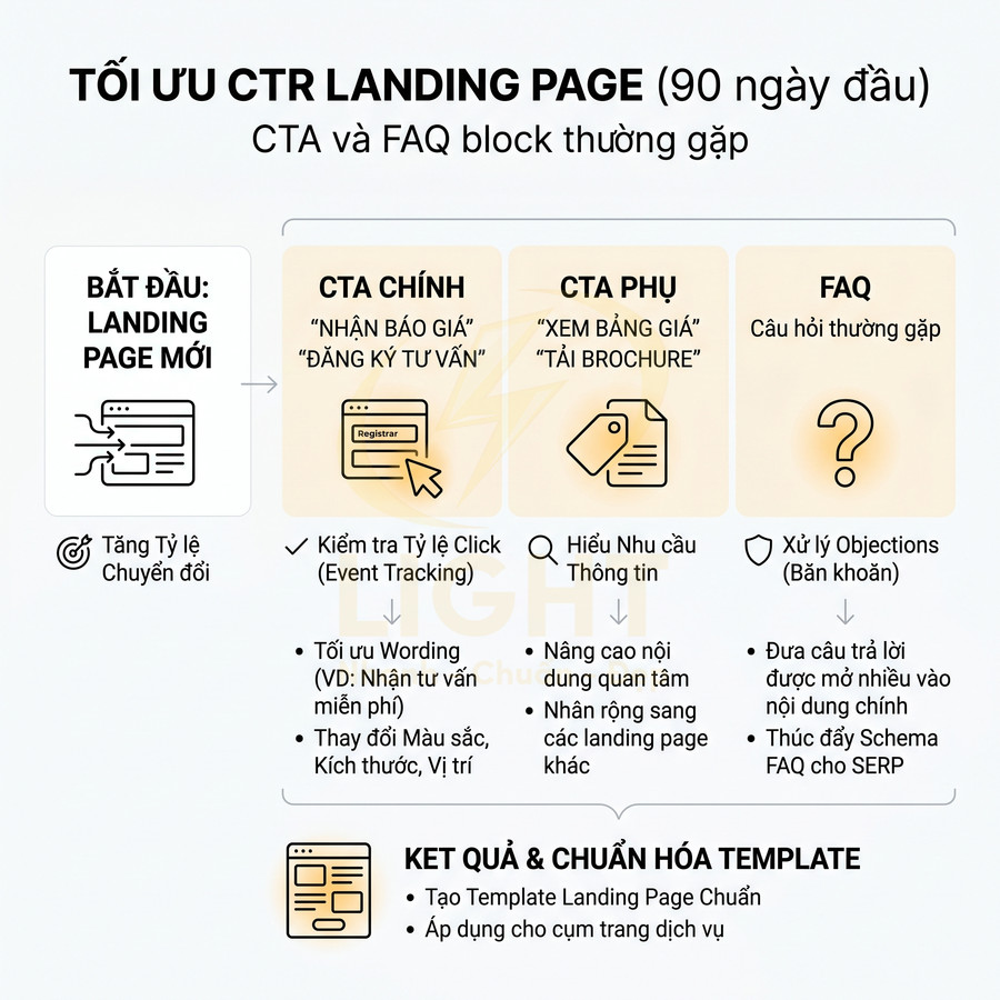 Infographic tối ưu CTR landing page 90 ngày đầu với CTA chính, CTA phụ và FAQ, hướng dẫn tăng tỷ lệ chuyển đổi