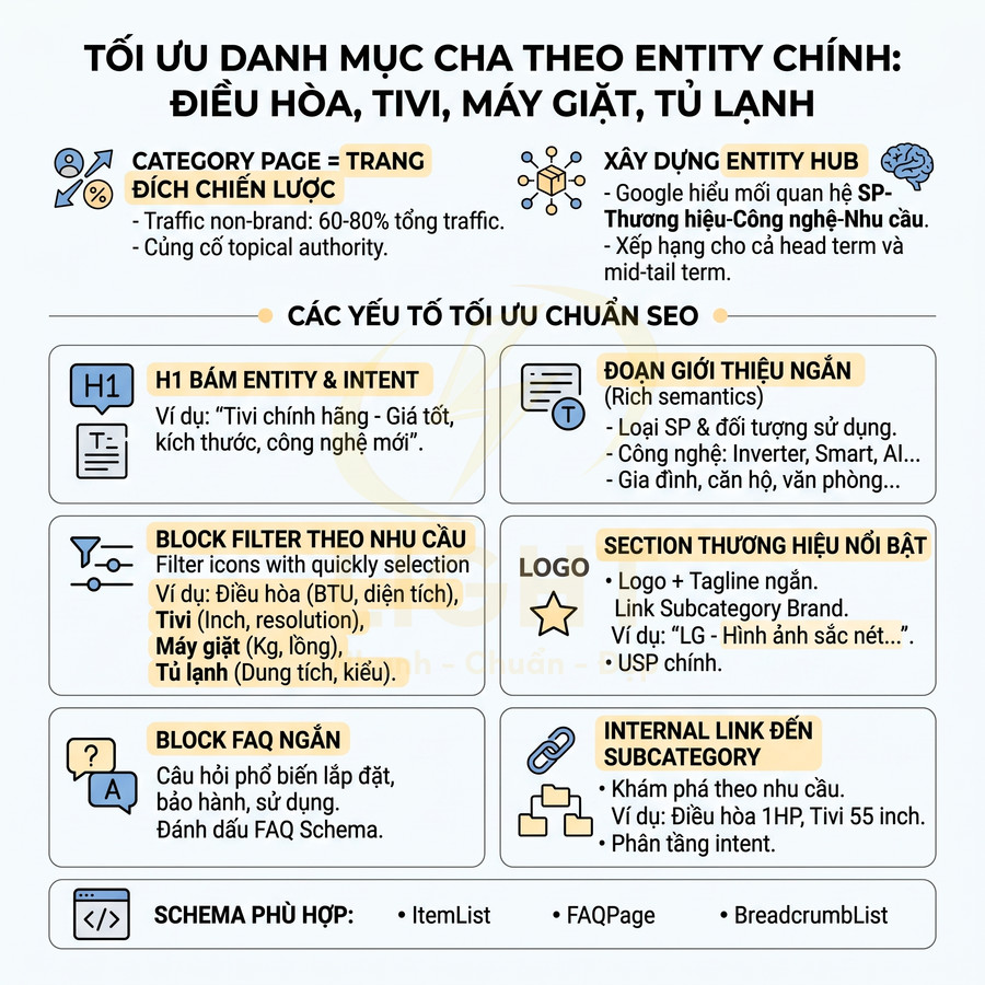 Infographic tối ưu danh mục cha SEO cho điều hòa, tivi, máy giặt, tủ lạnh với các khối nội dung và schema gợi ý