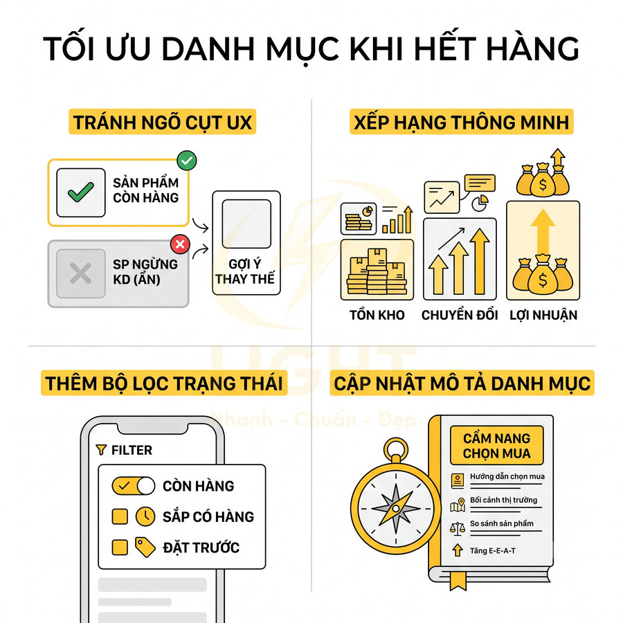 Infographic tối ưu danh mục sản phẩm khi hết hàng với gợi ý thay thế, bộ lọc trạng thái và cập nhật mô tả