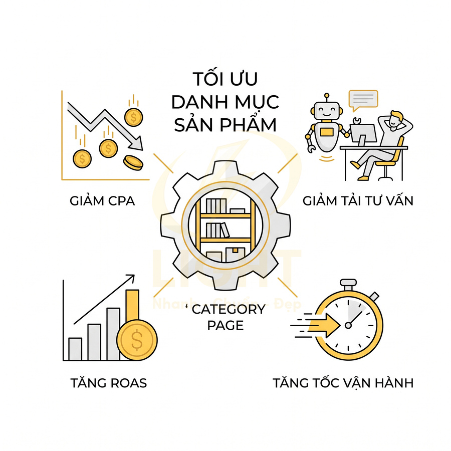 Tối ưu danh mục sản phẩm trên category page giúp giảm CPA tăng ROAS giảm tải tư vấn và tăng tốc vận hành