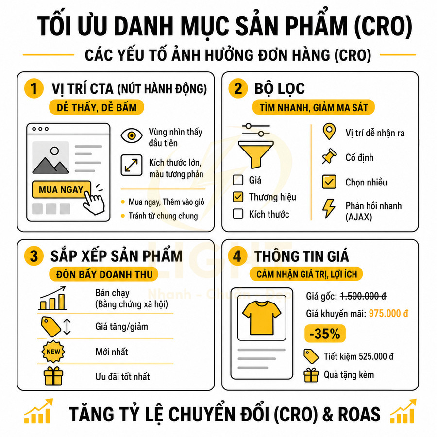 Infographic tối ưu danh mục sản phẩm CRO với CTA, bộ lọc, sắp xếp sản phẩm và hiển thị thông tin giá khuyến mãi