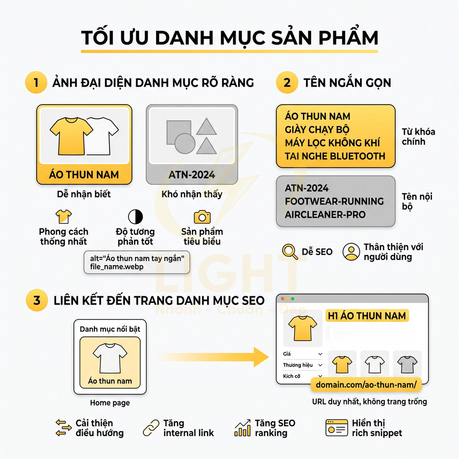 Hướng dẫn tối ưu danh mục sản phẩm áo thun nam với ảnh đại diện rõ ràng và liên kết SEO