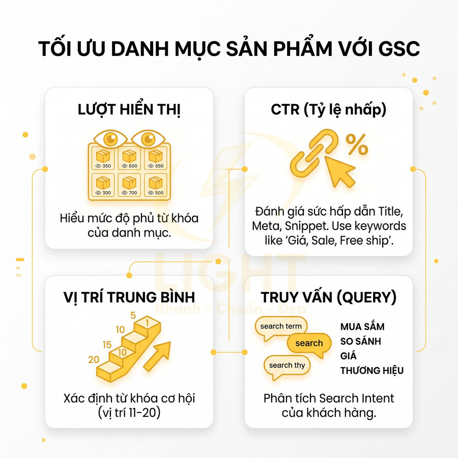 Infographic tối ưu danh mục sản phẩm với Google Search Console qua lượt hiển thị CTR vị trí trung bình và truy vấn
