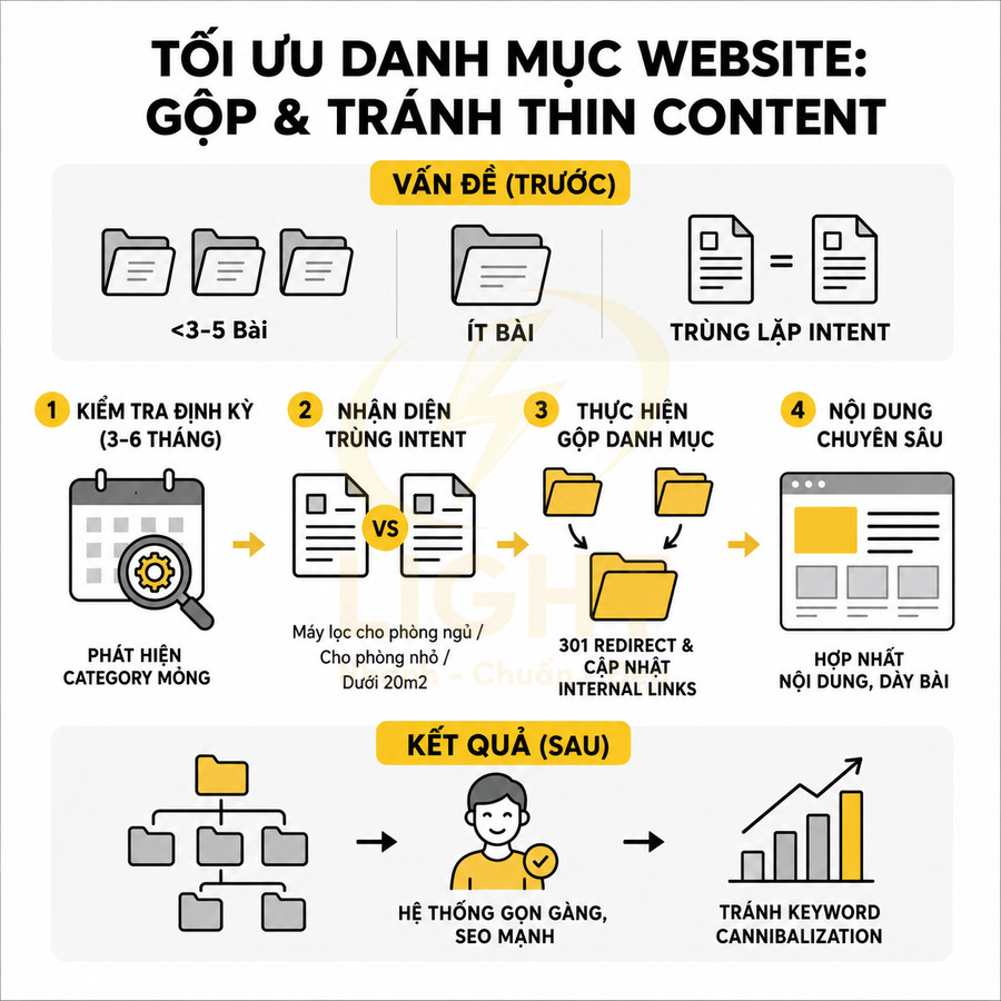 Infographic tối ưu danh mục website bằng cách gộp bài viết mỏng và tránh thin content trong SEO