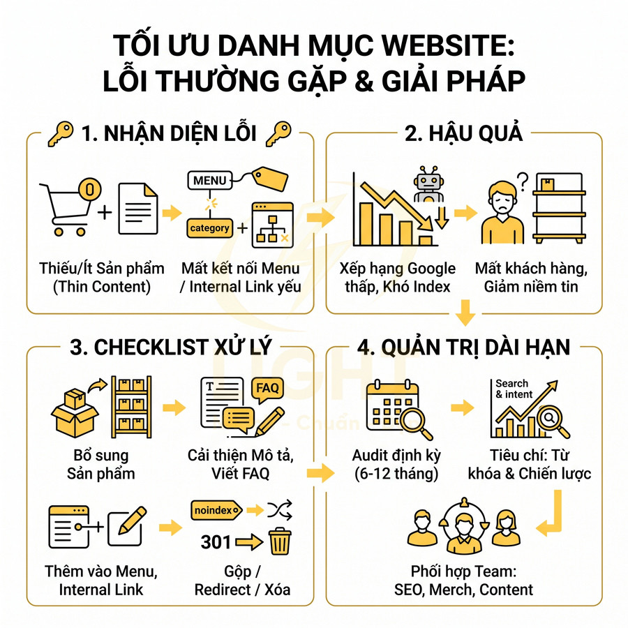 Infographic tối ưu danh mục website với các lỗi thường gặp, hậu quả và checklist giải pháp SEO chi tiết