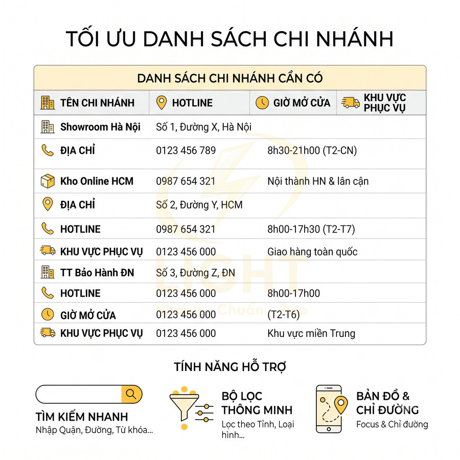 Mẫu bảng tối ưu danh sách chi nhánh với tên chi nhánh, địa chỉ, hotline, giờ mở cửa và khu vực phục vụ