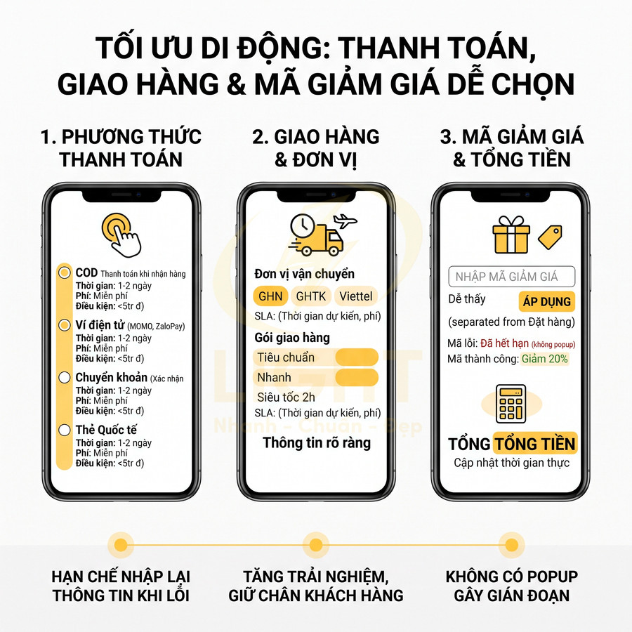 Giao diện ứng dụng mua sắm trên iPhone hiển thị lựa chọn thanh toán, đơn vị giao hàng và nhập mã giảm giá