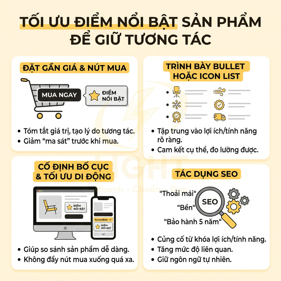 Infographic tối ưu điểm nổi bật sản phẩm để giữ tương tác, nhấn mạnh nút mua, bullet list, bố cục mobile và tác dụng SEO