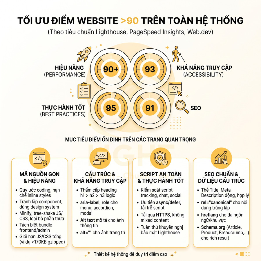 Infographic tối ưu điểm Lighthouse cho website với hiệu năng, SEO, khả năng truy cập và thực hành tốt trên 90 điểm