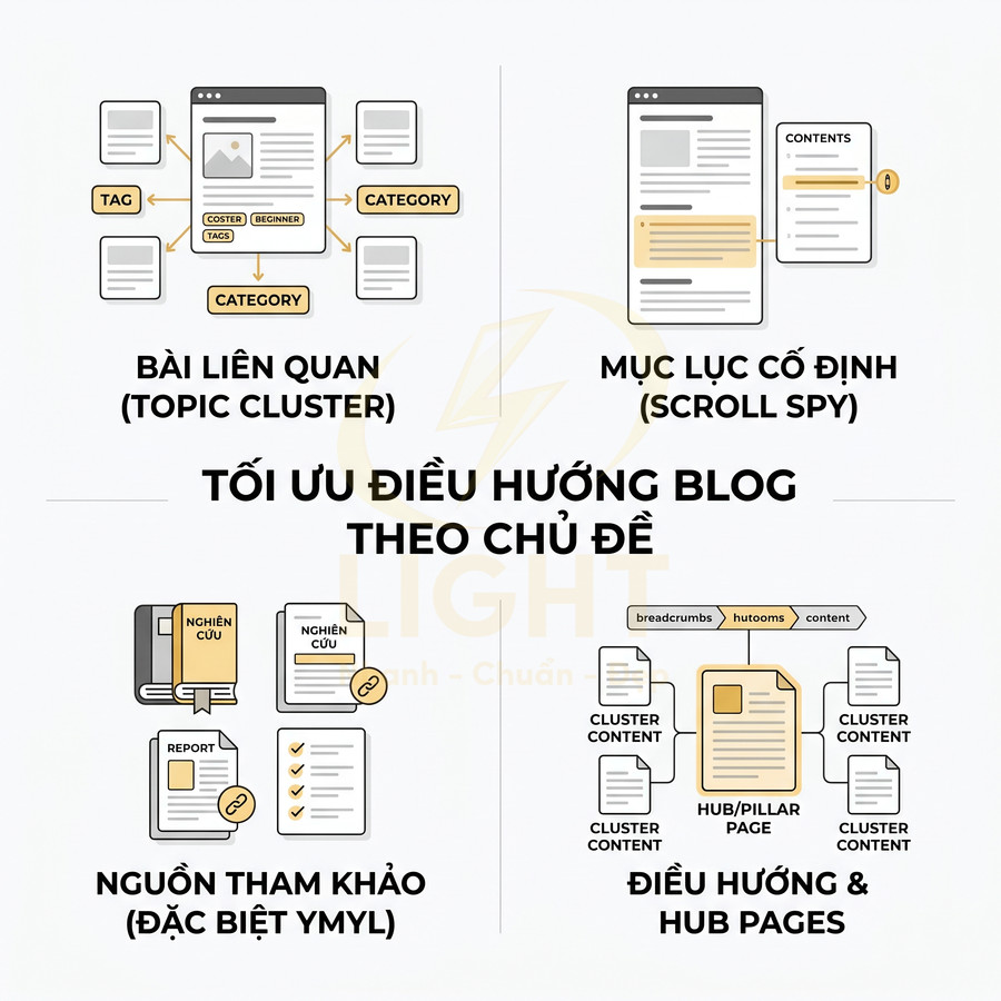 Minh họa các cách tối ưu điều hướng blog theo chủ đề với topic cluster, mục lục cố định, nguồn tham khảo và hub pages