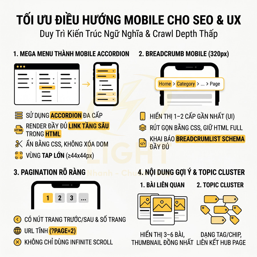 Infographic tối ưu điều hướng mobile cho SEO và UX với mega menu accordion, breadcrumb, pagination và topic cluster