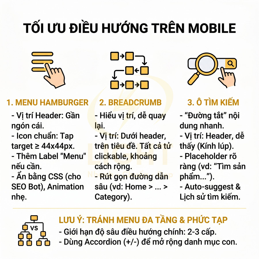 Hướng dẫn tối ưu điều hướng trên mobile với menu hamburger, breadcrumb, ô tìm kiếm và lưu ý tránh menu đa tầng