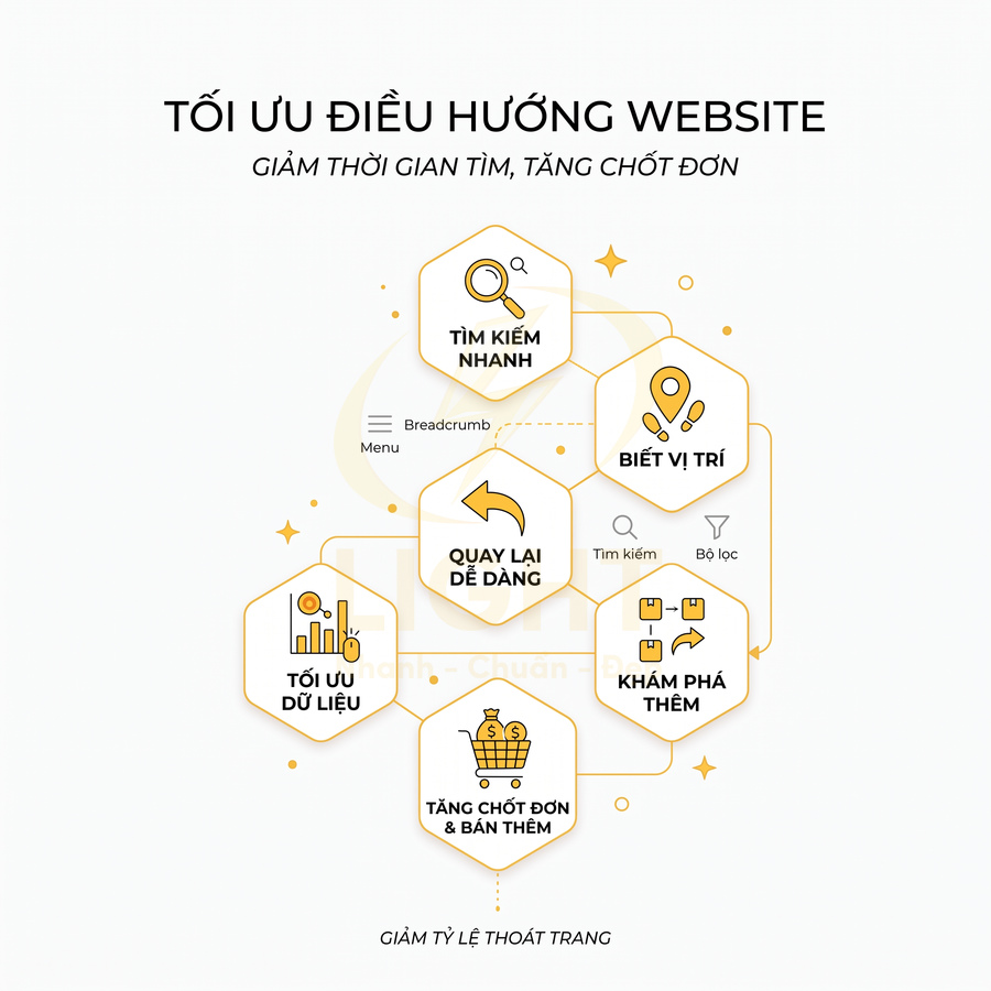 Infographic tối ưu điều hướng website giúp tìm kiếm nhanh, biết vị trí, quay lại dễ dàng, khám phá thêm và tăng chốt đơn