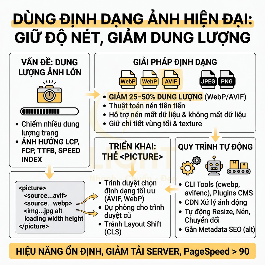 Hướng dẫn tối ưu ảnh web với định dạng WebP AVIF, thẻ picture và quy trình tự động để giảm dung lượng, tăng tốc độ tải trang