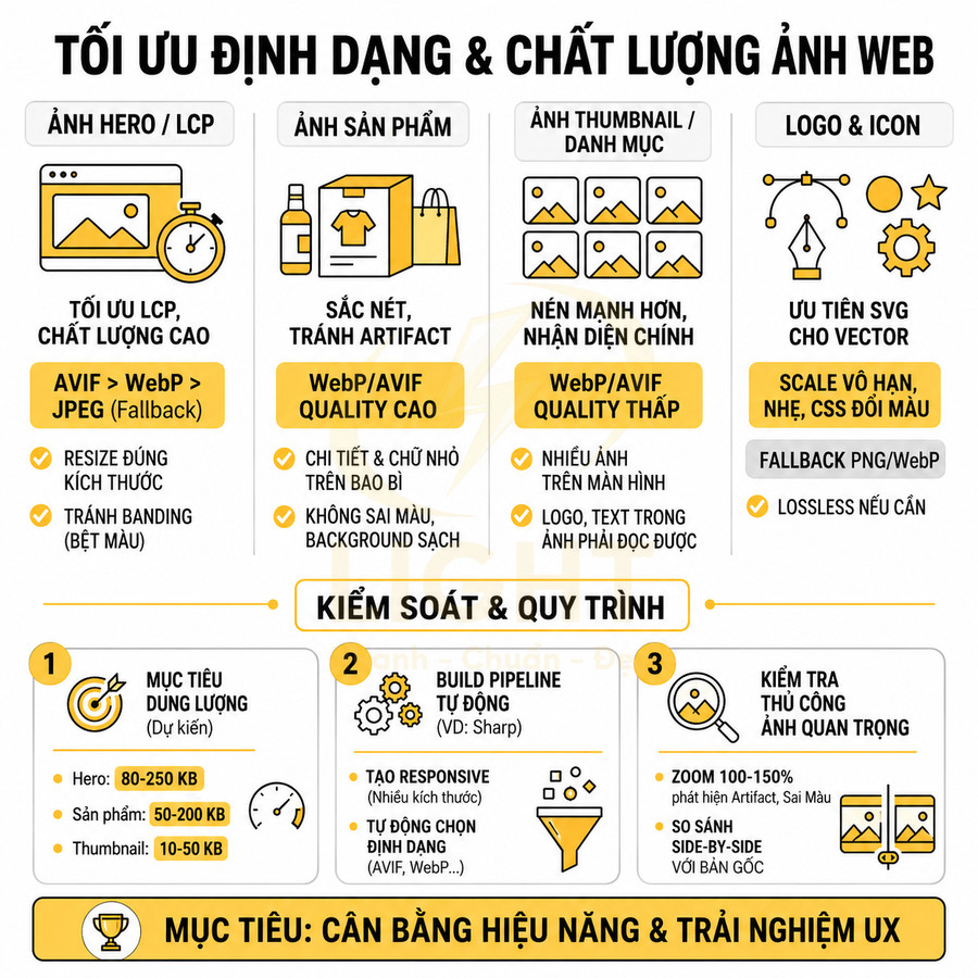 Infographic hướng dẫn tối ưu định dạng và chất lượng ảnh web để cân bằng hiệu năng và trải nghiệm UX