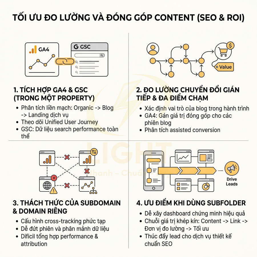 Tối ưu đo lường và đóng góp content SEO với GA4, Google Search Console, subdomain và subfolder