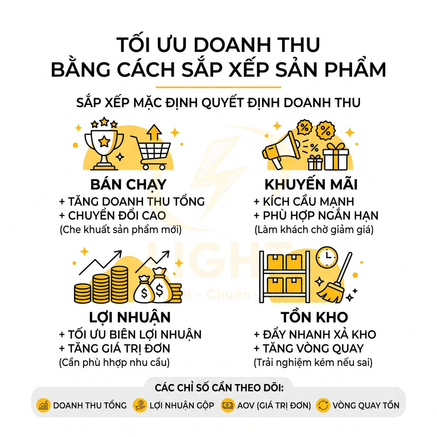 Infographic tối ưu doanh thu bằng cách sắp xếp sản phẩm theo bán chạy, khuyến mãi, lợi nhuận và tồn kho