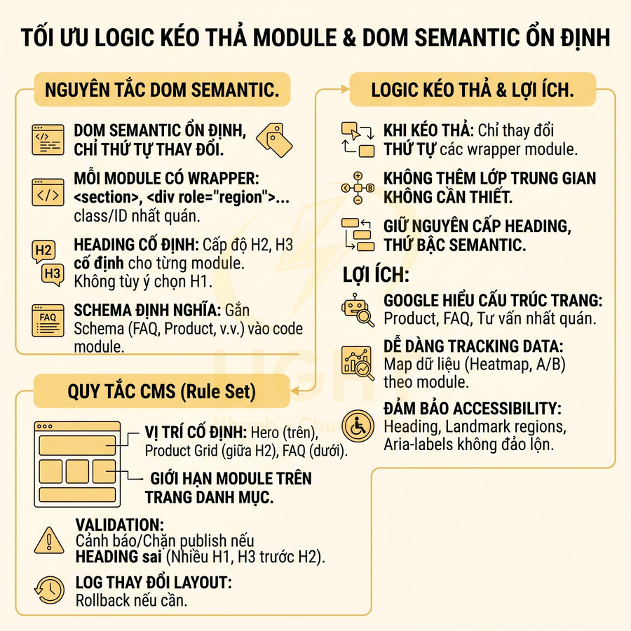 Infographic tối ưu logic kéo thả module và DOM semantic ổn định cho cấu trúc trang web SEO thân thiện