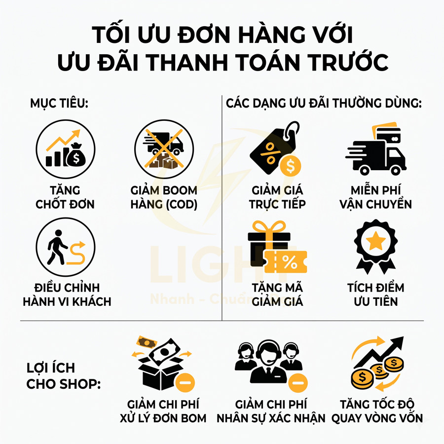 Infographic ưu đãi thanh toán trước giúp tăng chốt đơn, giảm bom hàng và lợi ích cho shop khi bán online