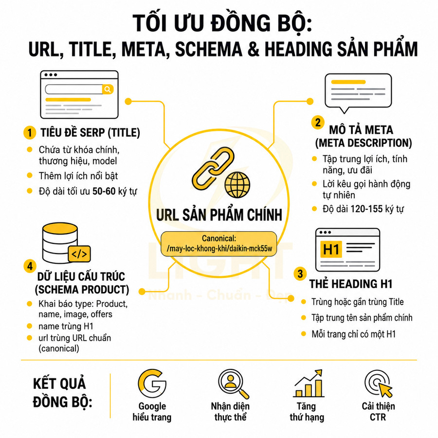 Hướng dẫn tối ưu đồng bộ URL title meta schema và heading H1 cho trang sản phẩm SEO