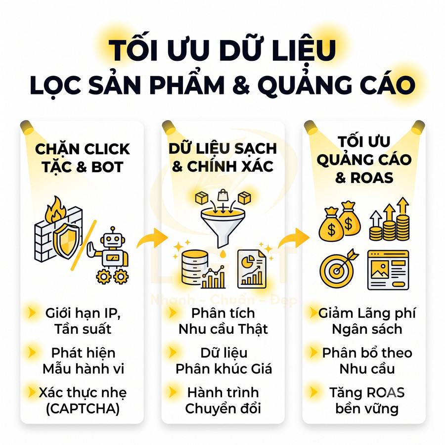 Infographic tối ưu dữ liệu lọc sản phẩm và quảng cáo, chặn click tặc bot và tăng ROAS bền vững